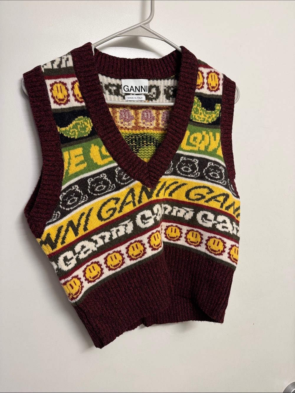 Ganni Burgundy Multicolor Smiley Knit Vest